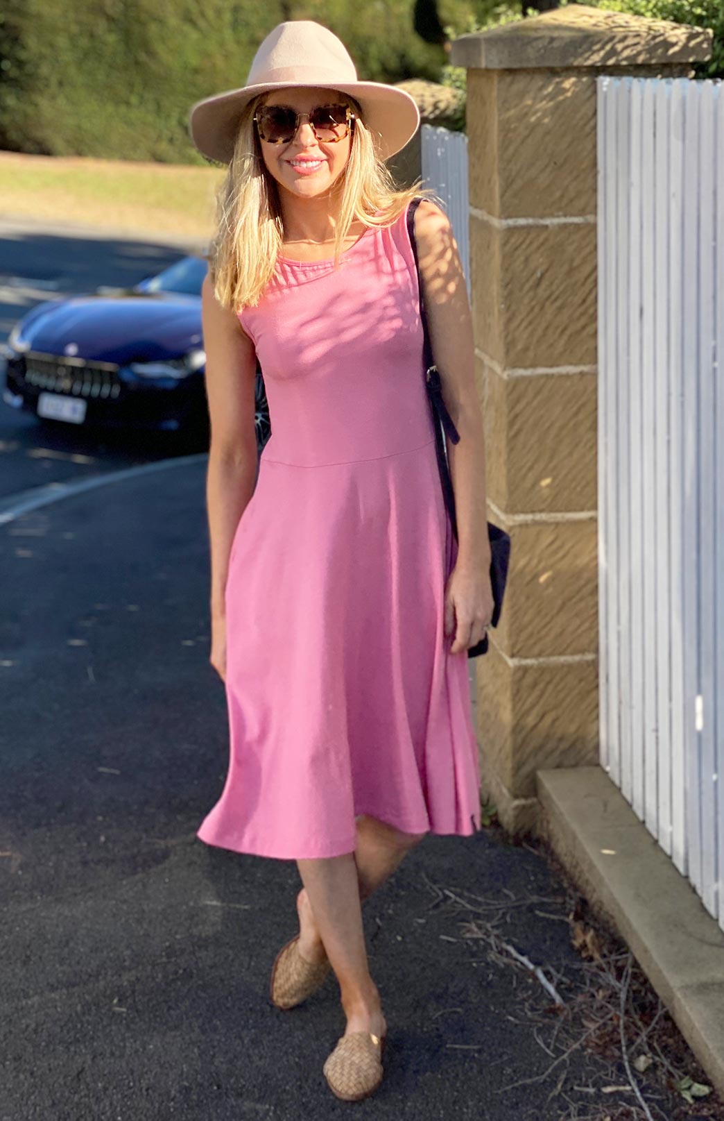 Carnation Pink Women's Merino Wool Fit and Flare Dress - Sleeveless