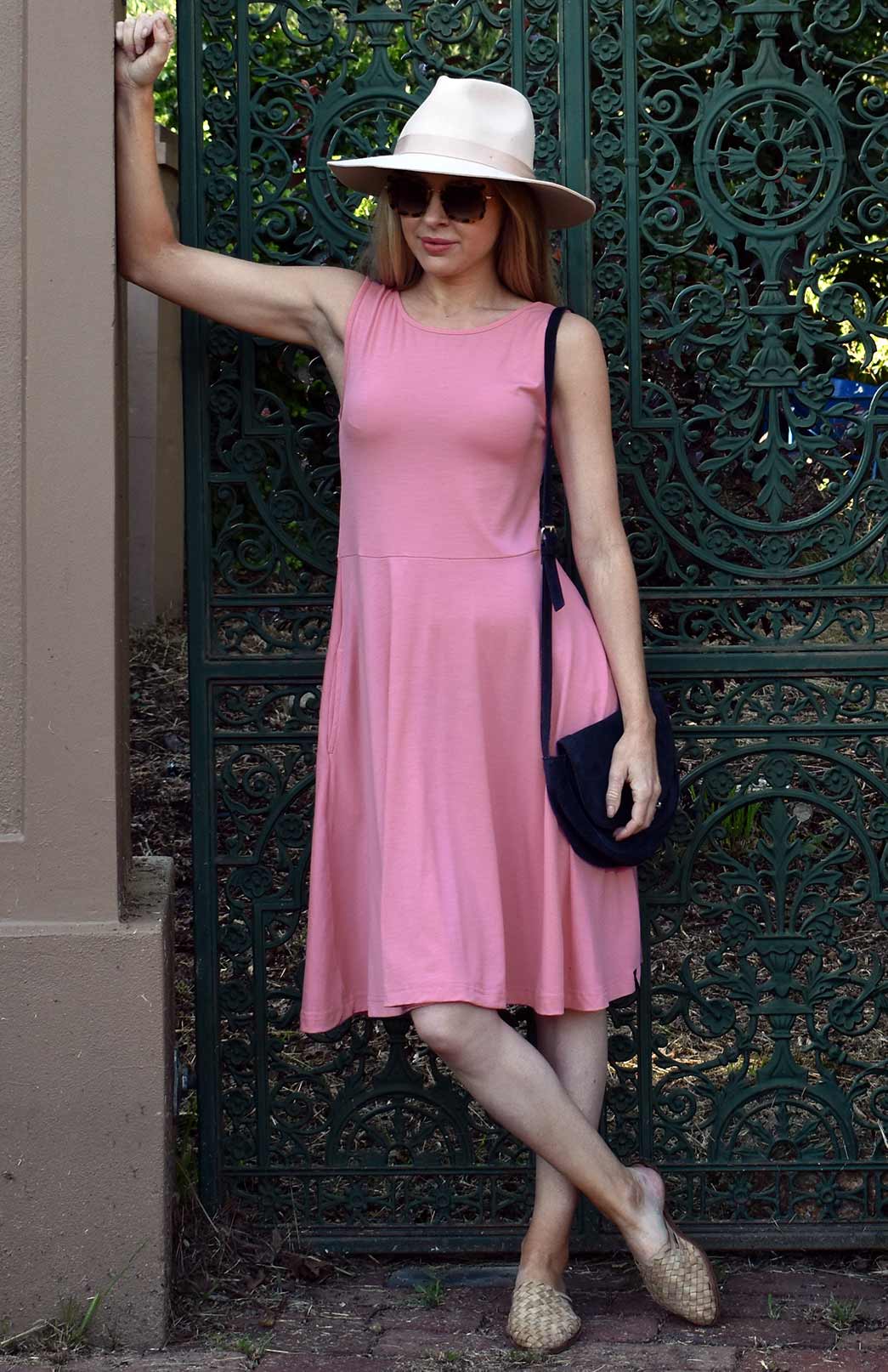 Carnation Pink Women's Merino Wool Fit and Flare Dress - Sleeveless