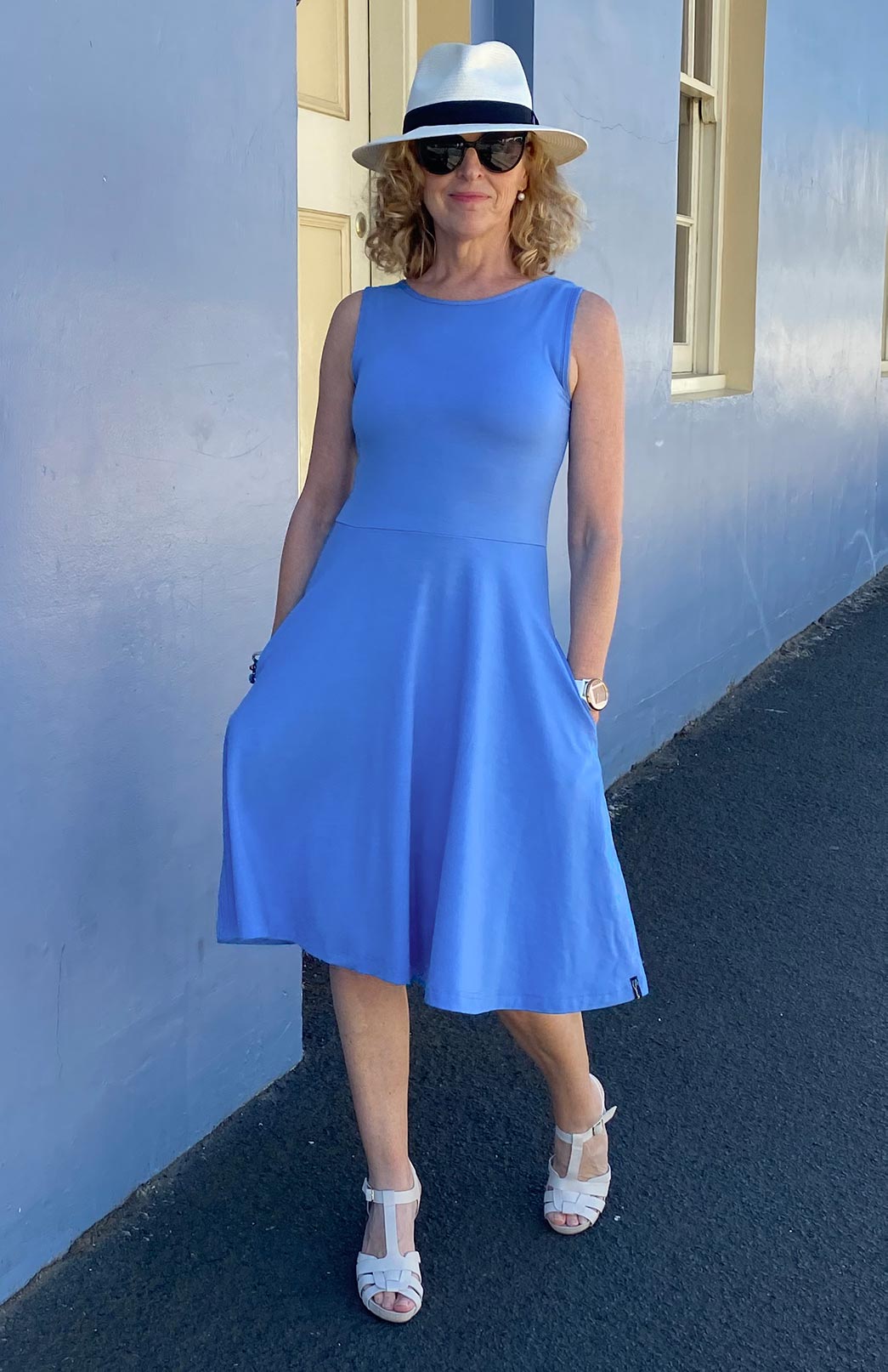 Cornflower Blue Women's Merino Wool Fit and Flare Dress - Sleeveless