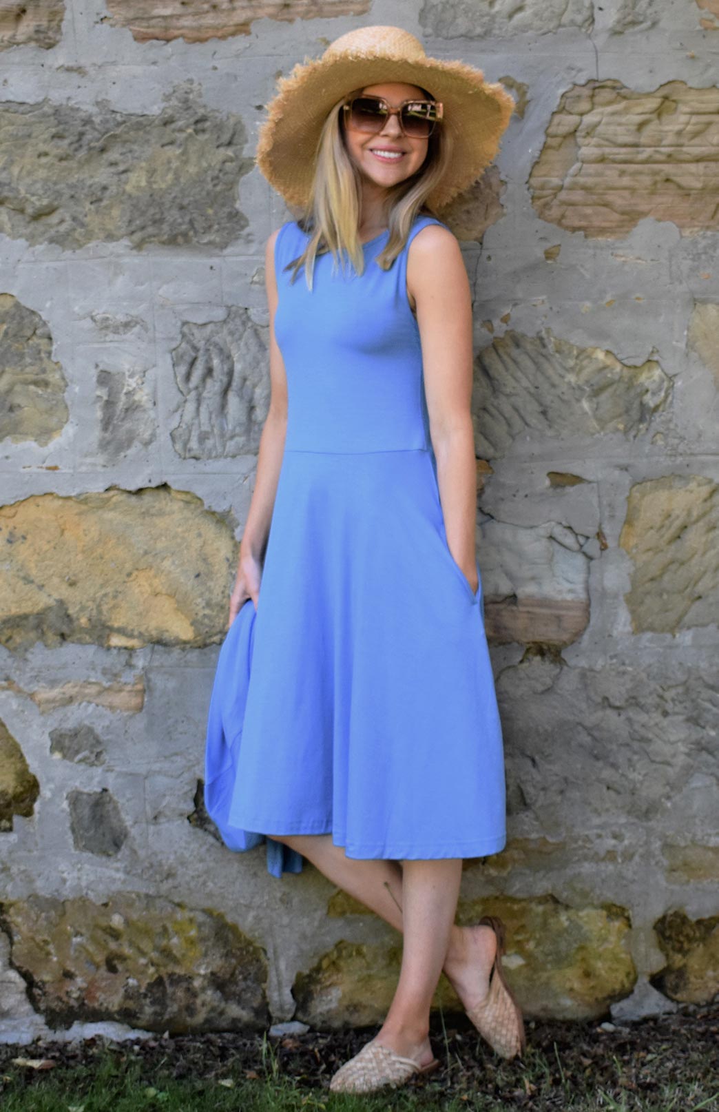 Cornflower Blue Women's Merino Wool Fit and Flare Dress - Sleeveless