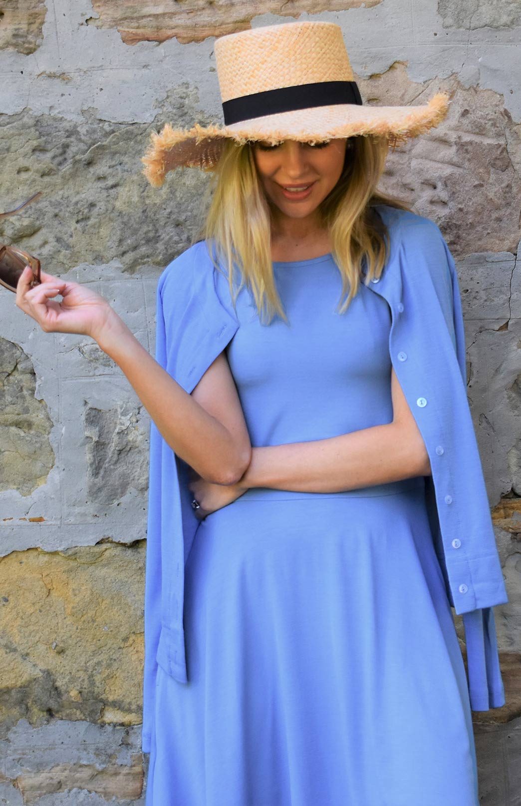 Light Sky Blue Women's Merino Wool Fit and Flare Dress - Sleeveless