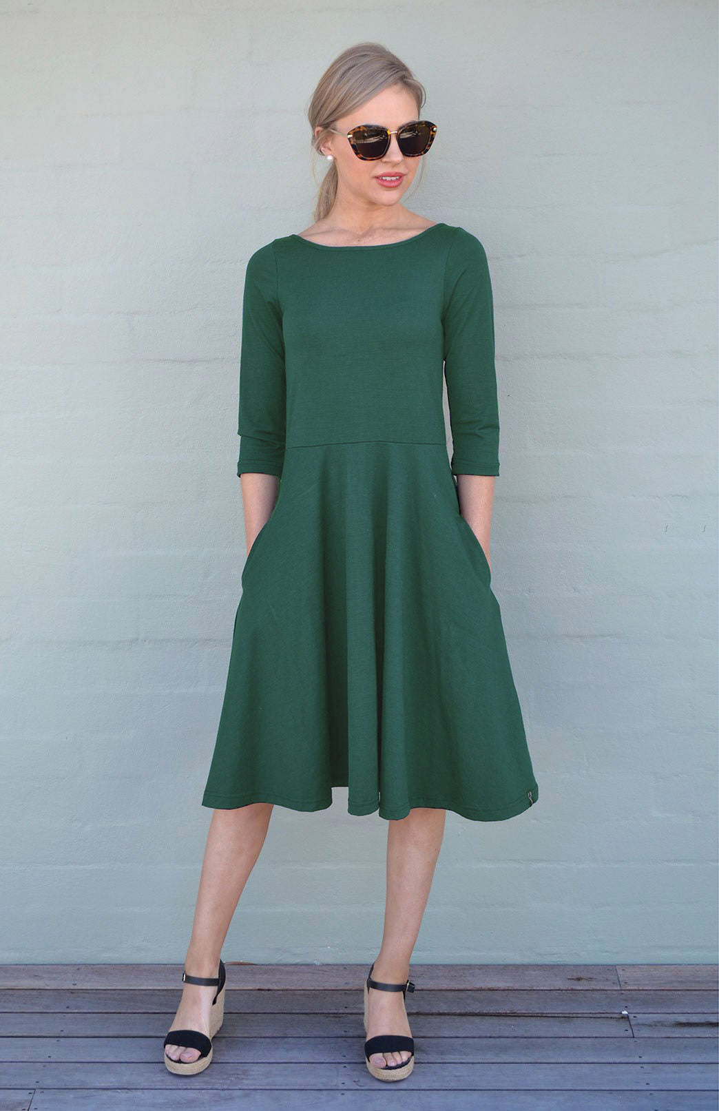 Emerald Green Women's Merino Wool Fit and Flare Dress with 3/4 Sleeves