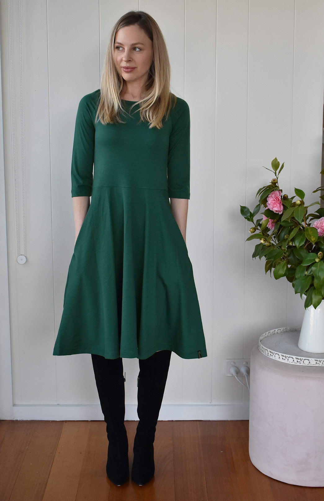 Emerald Green Women's Merino Wool Fit and Flare Dress with 3/4 Sleeves