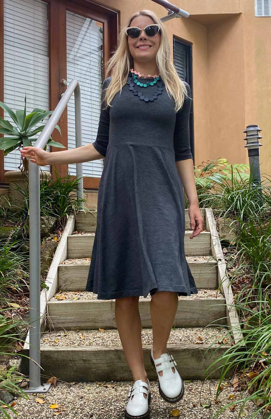 Charcoal Marl Women's Merino Wool Fit and Flare Dress with 3/4 Sleeves