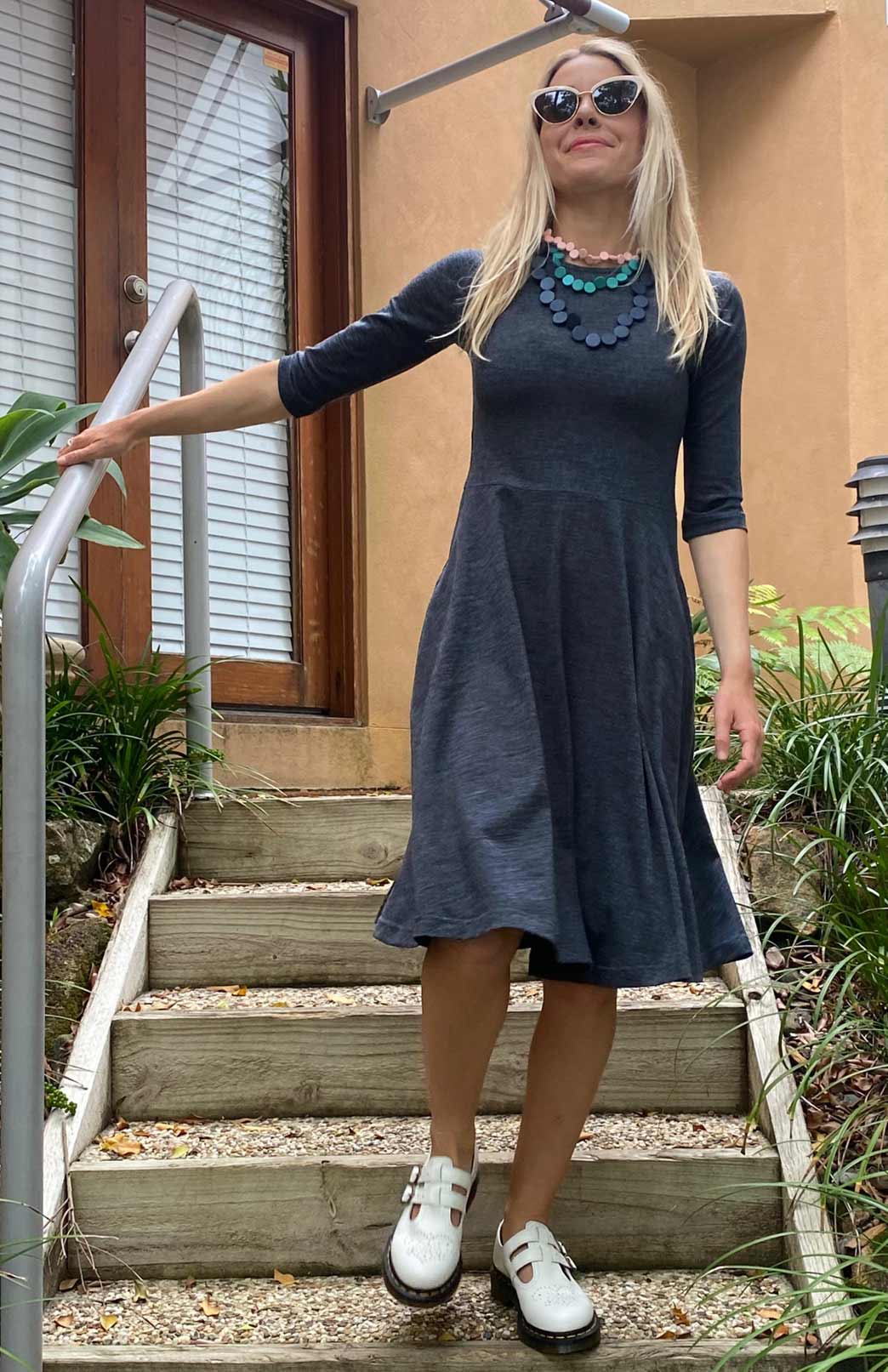 Charcoal Marl Women's Merino Wool Fit and Flare Dress with 3/4 Sleeves