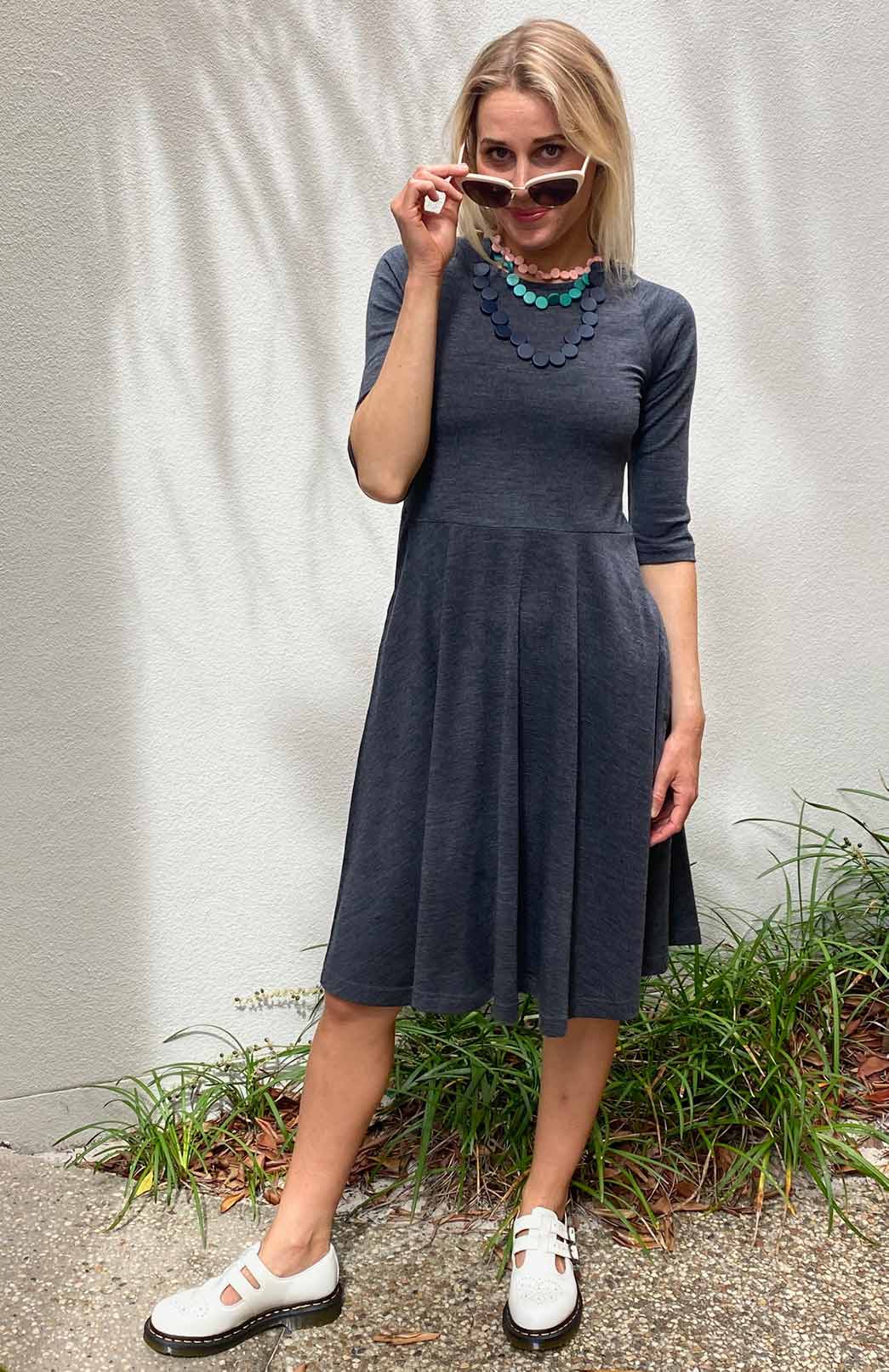 Charcoal Marl Women's Merino Wool Fit and Flare Dress with 3/4 Sleeves