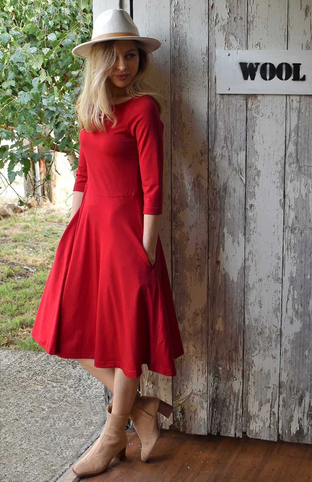 Chilli Red Women's Merino Wool Fit and Flare Dress with 3/4 Sleeves
