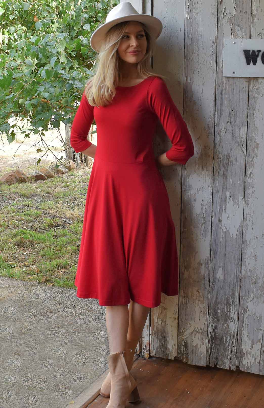 Chilli Red Women's Merino Wool Fit and Flare Dress with 3/4 Sleeves
