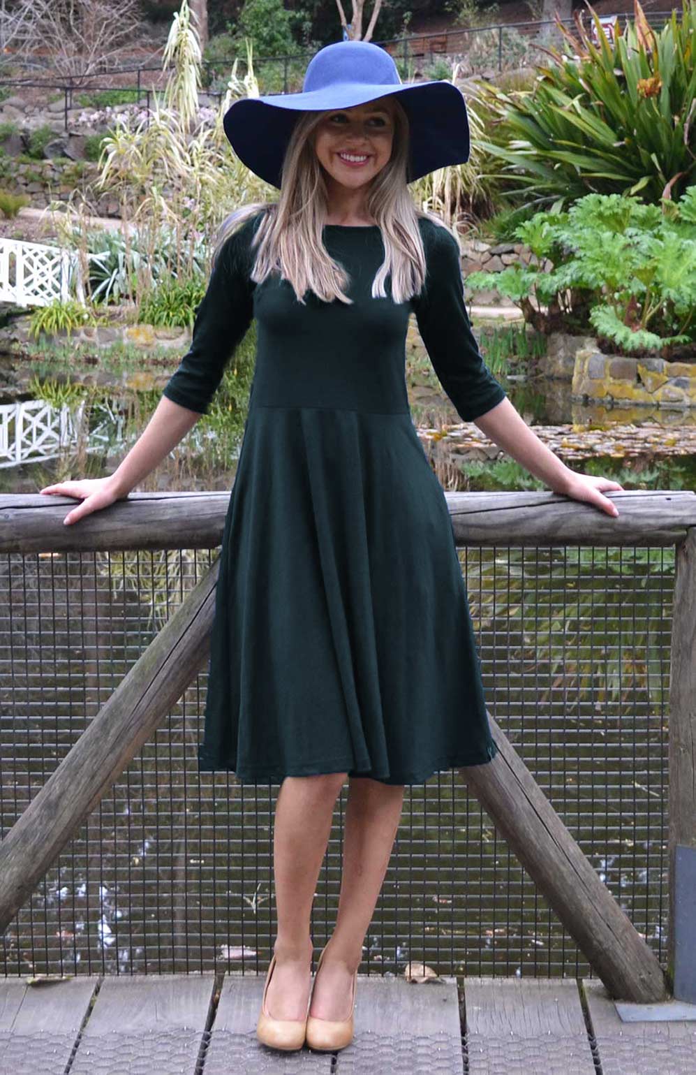 Deep Sea Green Women's Merino Wool Fit and Flare Dress with 3/4 Sleeves