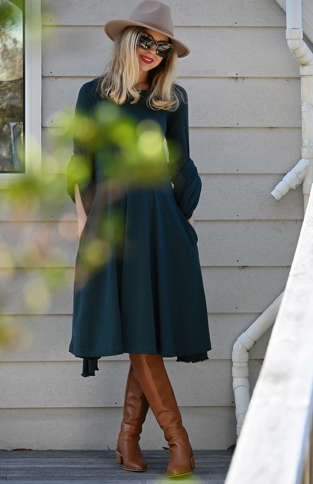 Deep Sea Green Women's Merino Wool Fit and Flare Dress with 3/4 Sleeves