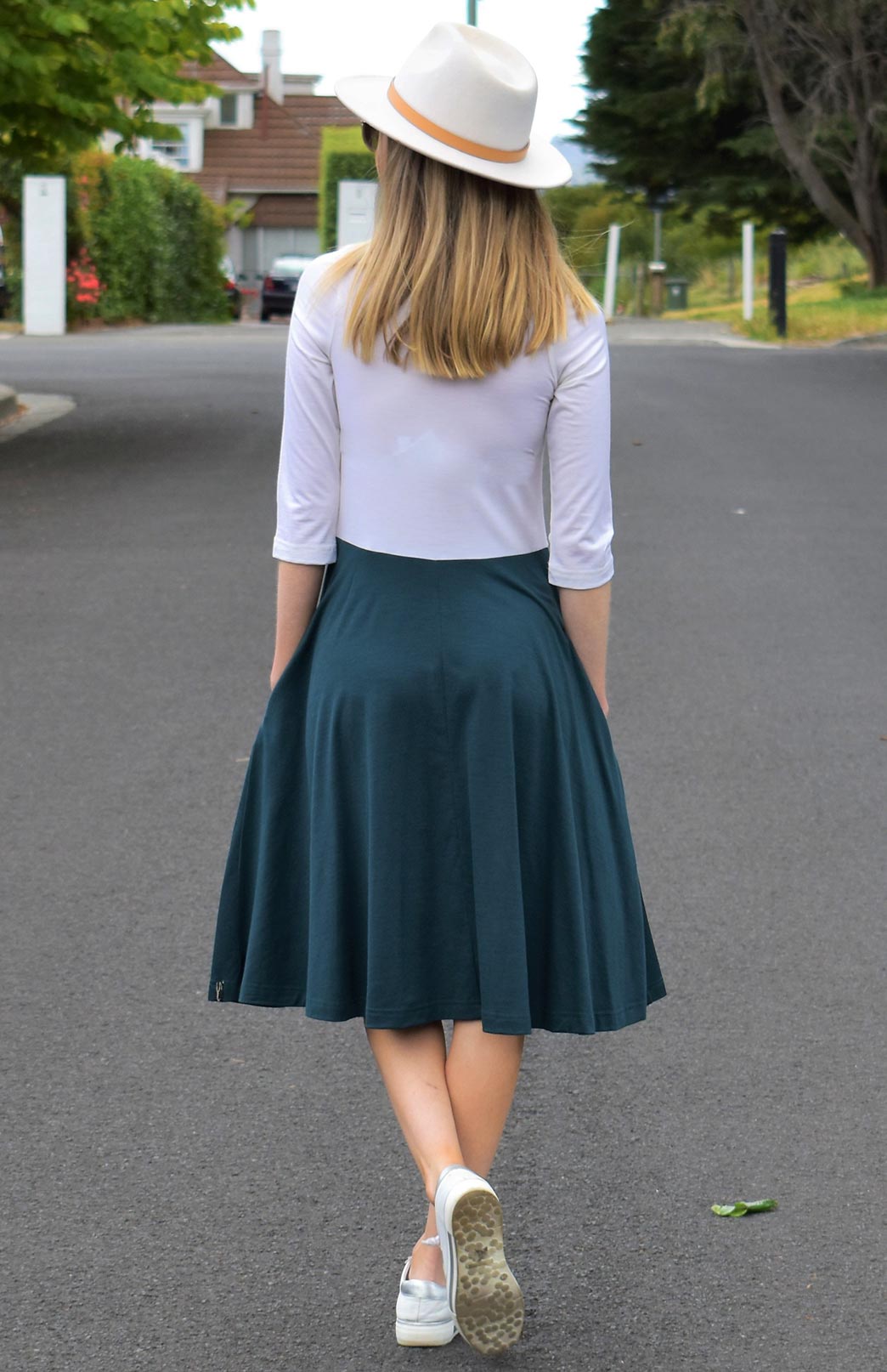 Deep Sea Green & Ivory Women's Merino Wool Fit and Flare Dress with 3/4 Sleeves