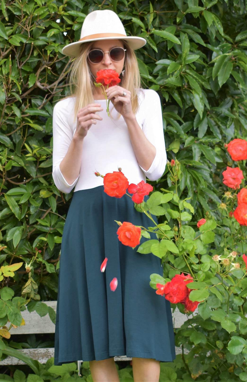 Deep Sea Green & Ivory Women&#39;s Merino Wool Fit and Flare Dress with 3/4 Sleeves
