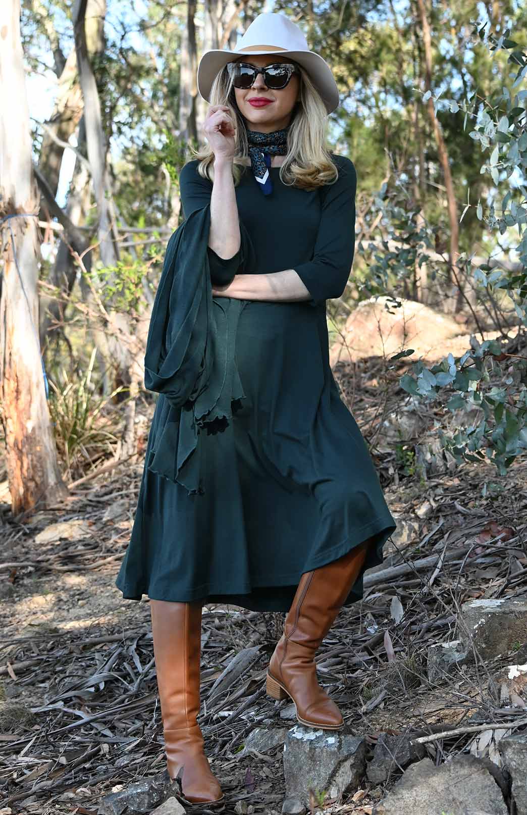 Deep Sea Green Women's Merino Wool Fit and Flare Dress with 3/4 Sleeves
