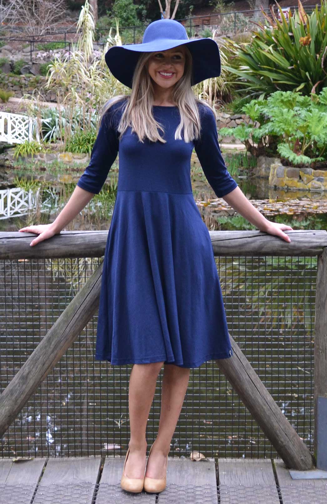 French Navy Blue Women's Merino Wool Fit and Flare Dress with 3/4 Sleeves