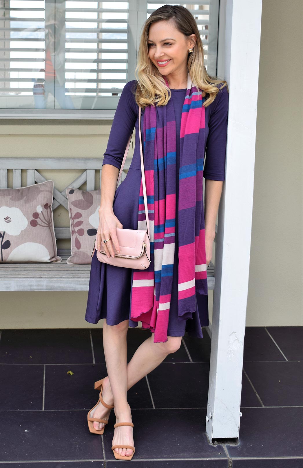Grape Purple Multi Stripe Women&#39;s Merino Wool Striped Scarf
