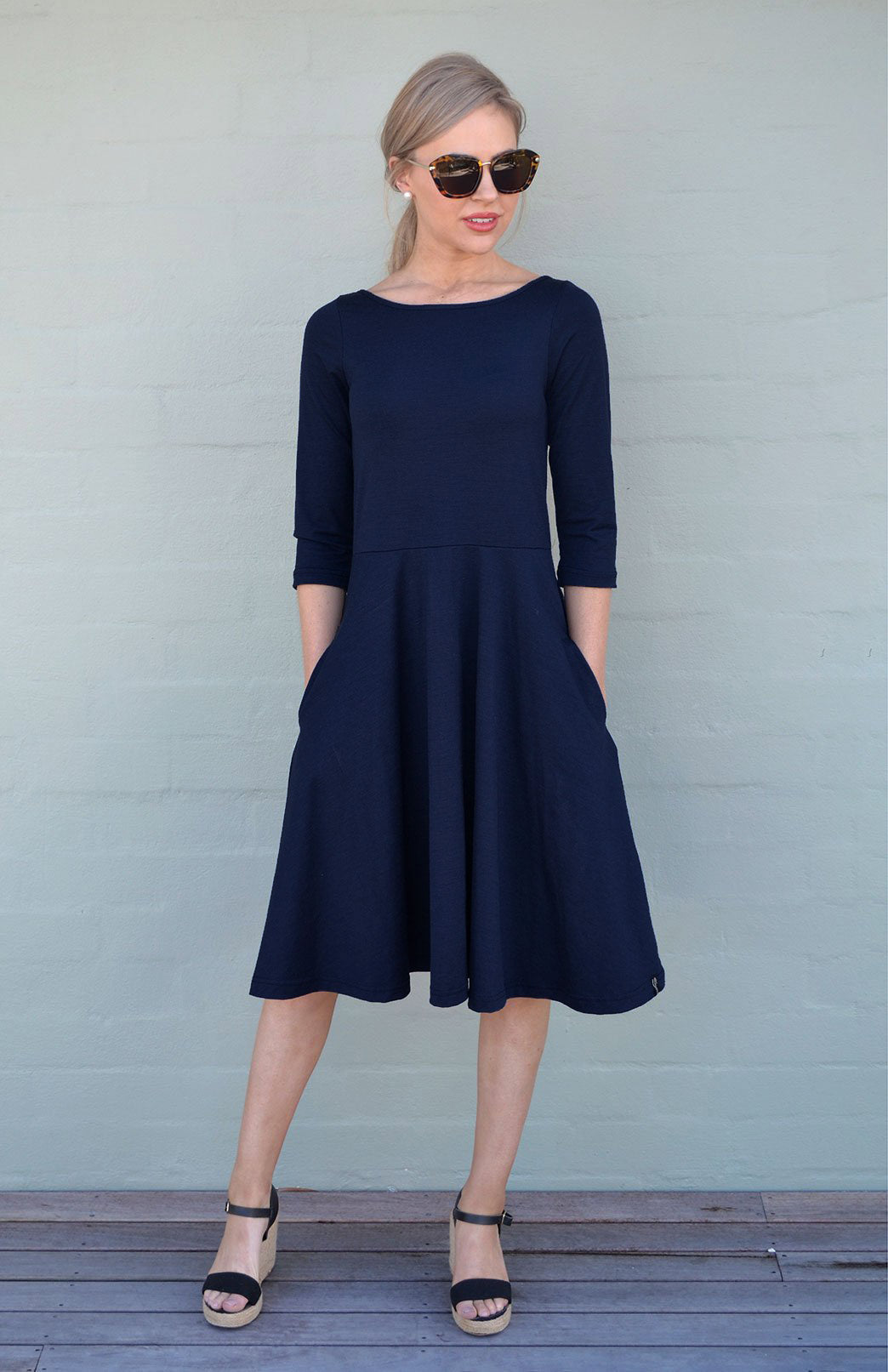 Navy Blue Women's Merino Wool Fit and Flare Dress with 3/4 Sleeves