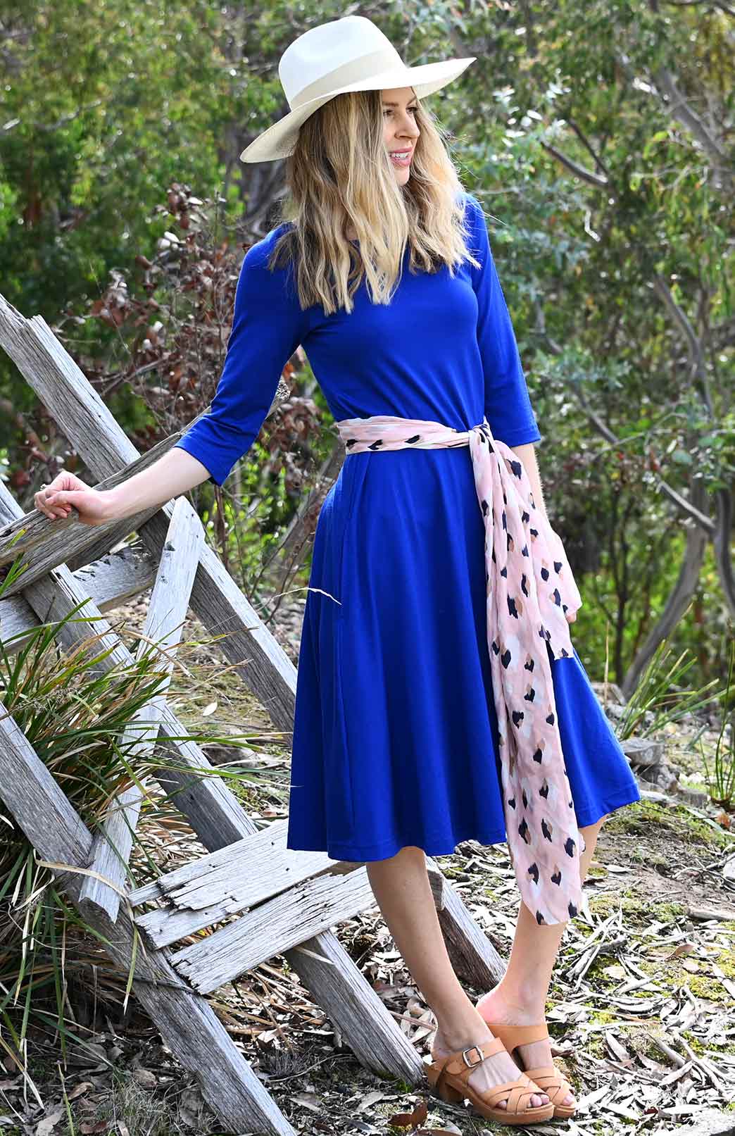 Sapphire Blue Women's Merino Wool Fit and Flare Dress with 3/4 Sleeves
