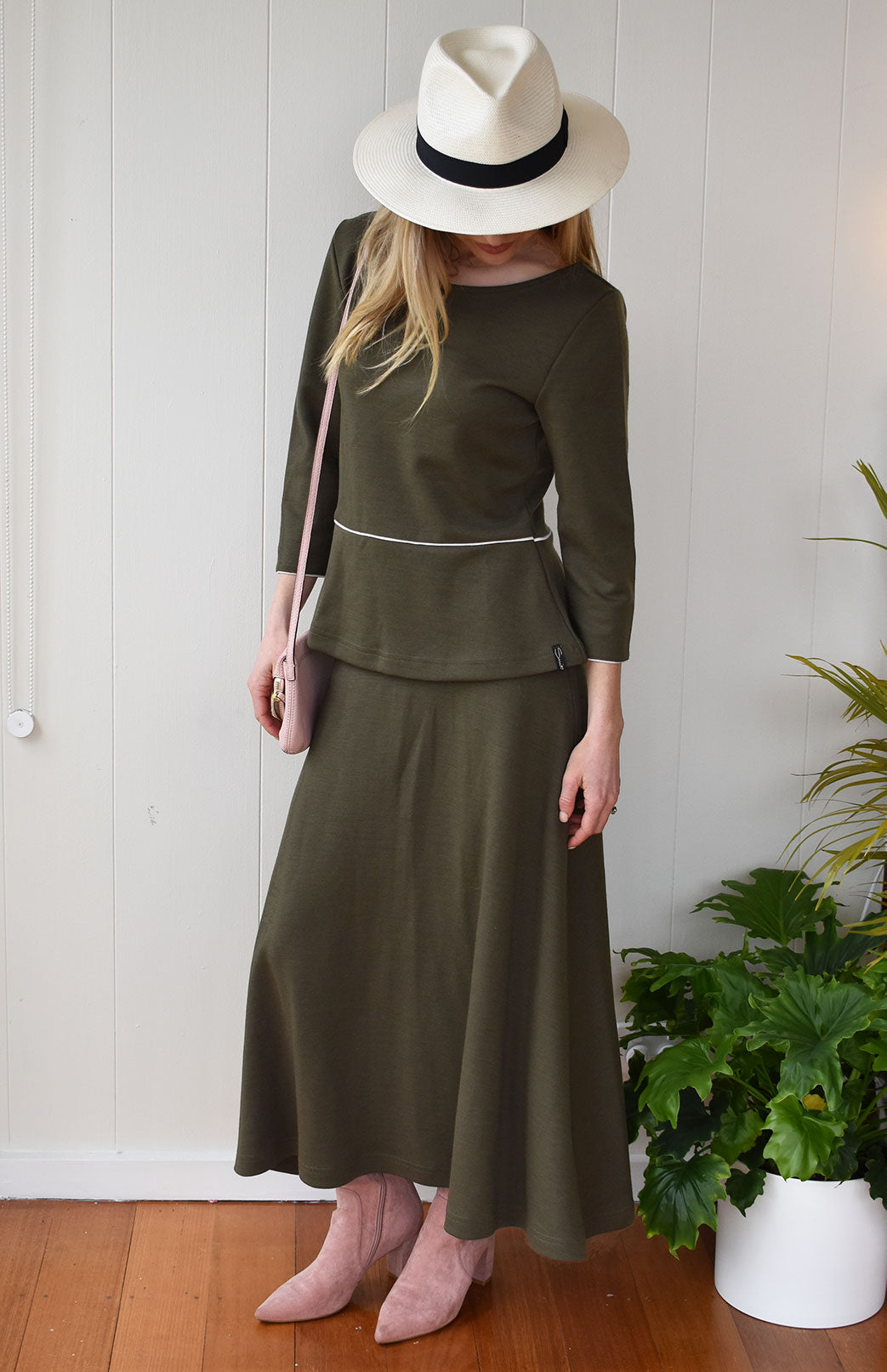 Olive Green Women's Merino Wool Ponte A-Line Midi Skirt
