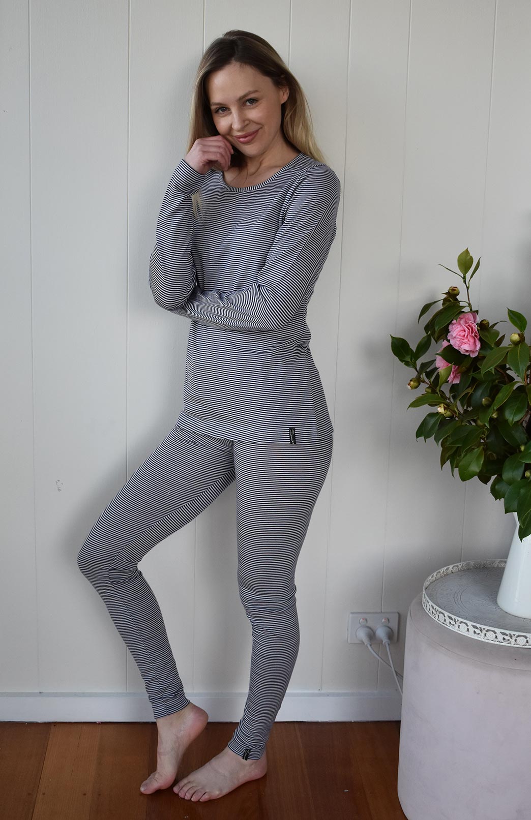 Grape Ivory Pinstripe Women's Merino Wool Top and Leggings - Winter Pyjama Set