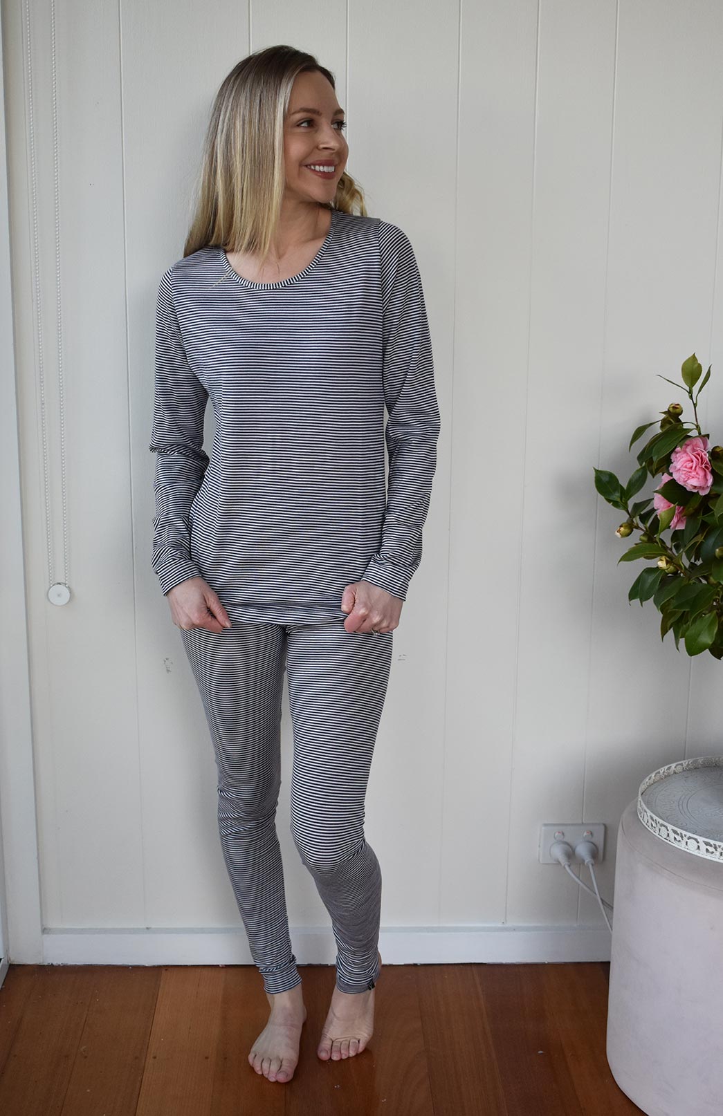 Grape Ivory Pinstripe Women's Merino Wool Top and Leggings - Winter Pyjama Set