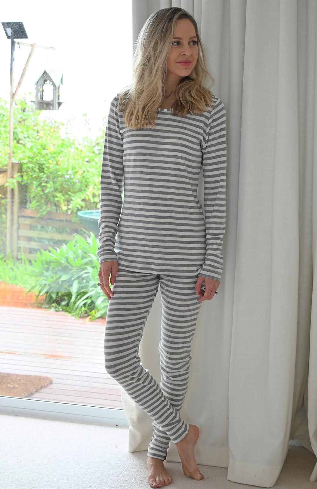 Grey Marl And Ivory Stripe Women&#39;s Merino Wool Top and Leggings Rib Pyjama Set
