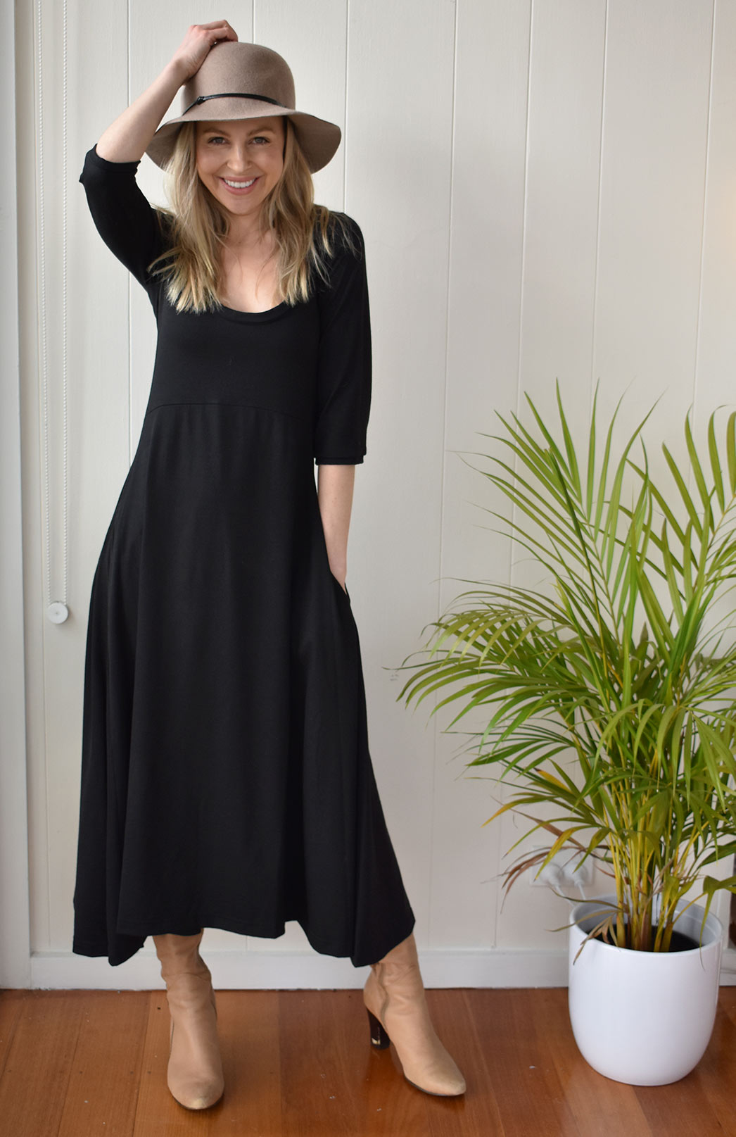 Black Women's Scoop Neck Empire Waist Merino Wool Midi Length Dress