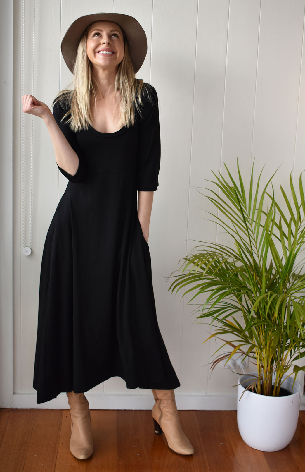 Black Women's Scoop Neck Empire Waist Merino Wool Midi Length Dress