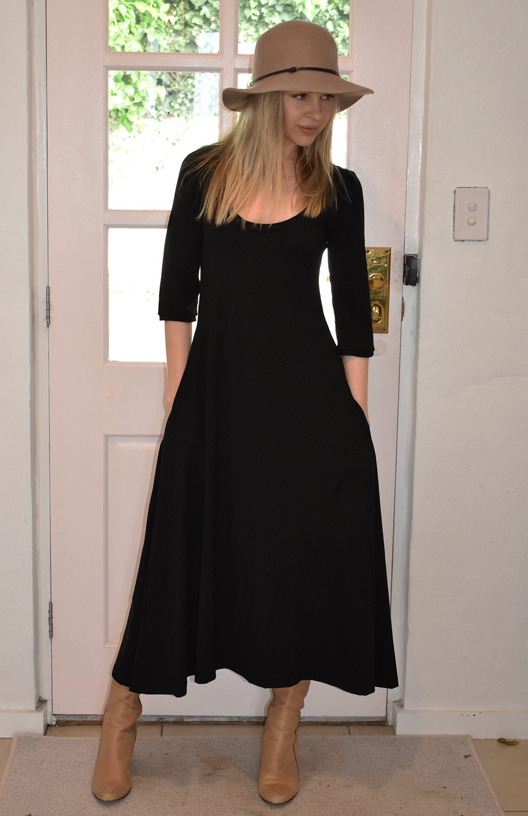 Black Women's Scoop Neck Empire Waist Merino Wool Midi Length Dress