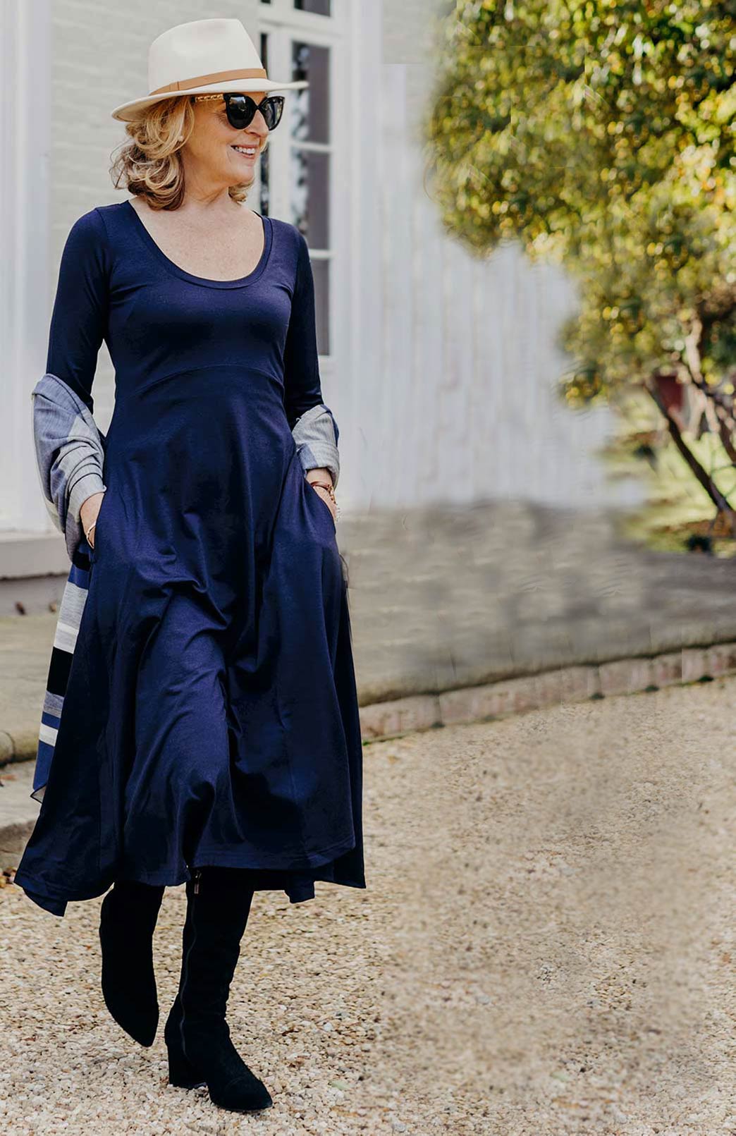 French Navy Blue Women's Scoop Neck Empire Waist Merino Wool Midi Length Dress