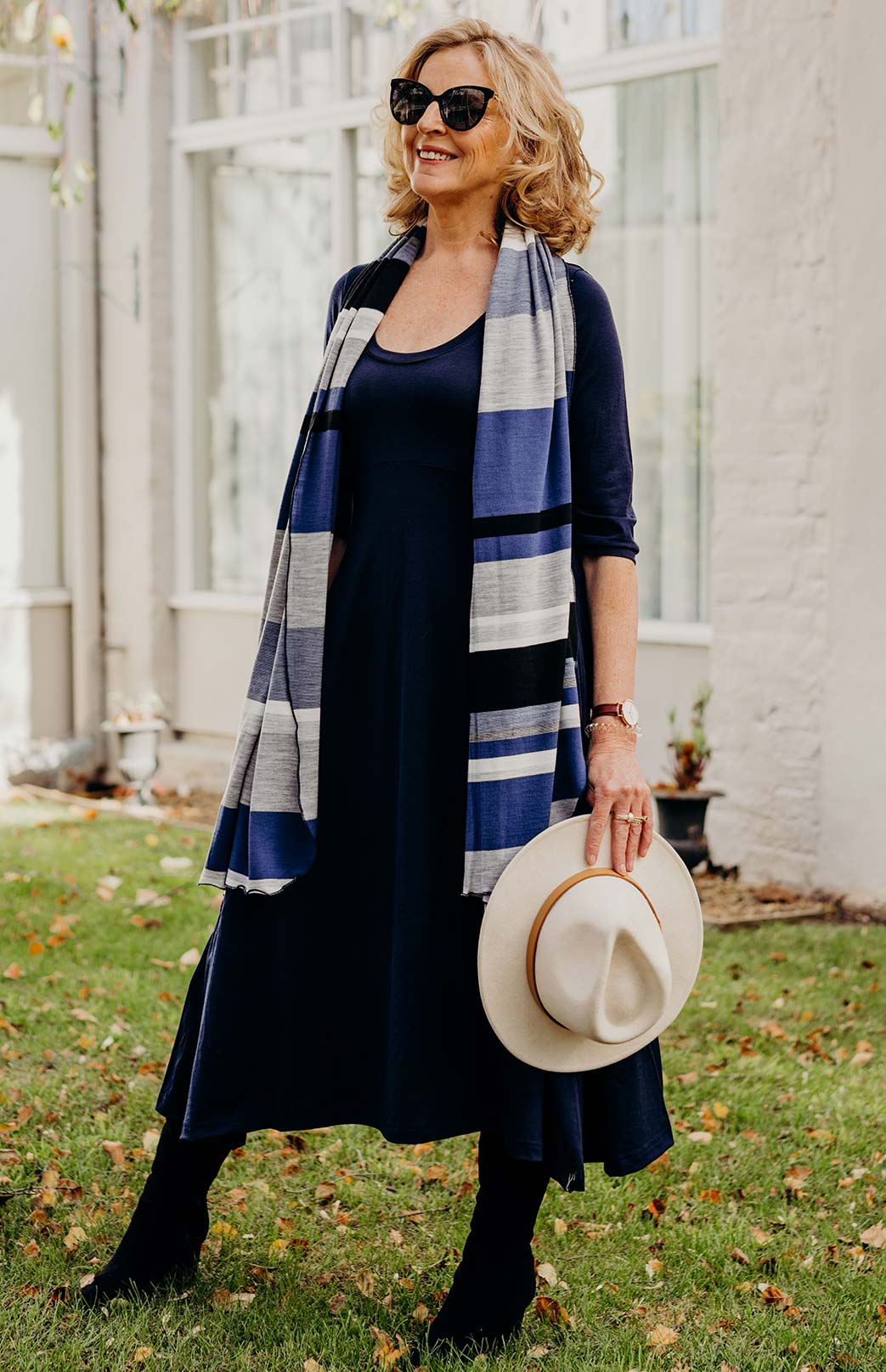 French Navy Blue Women's Scoop Neck Empire Waist Merino Wool Midi Length Dress