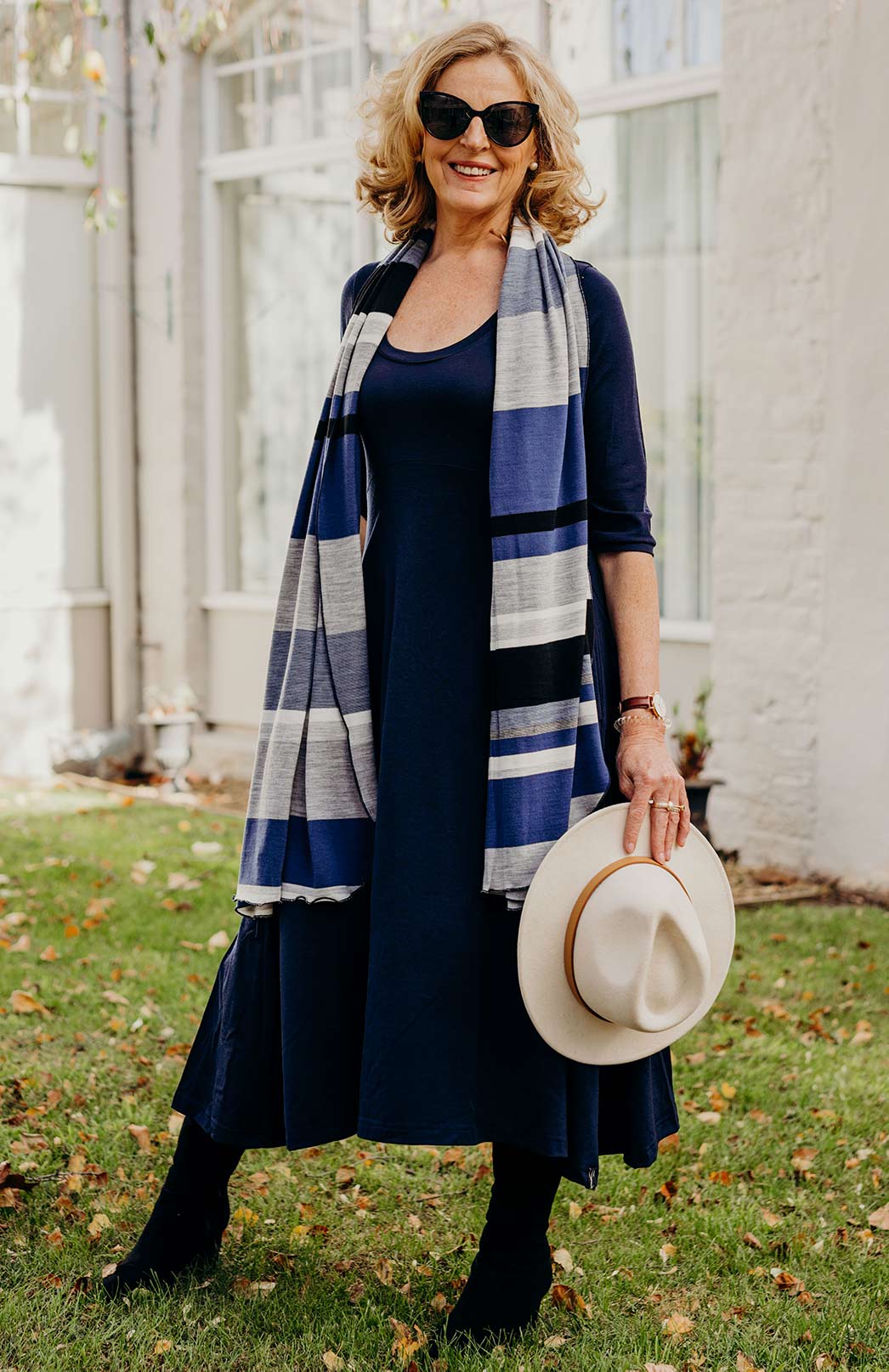 French Navy Blue Women's Scoop Neck Empire Waist Merino Wool Midi Length Dress