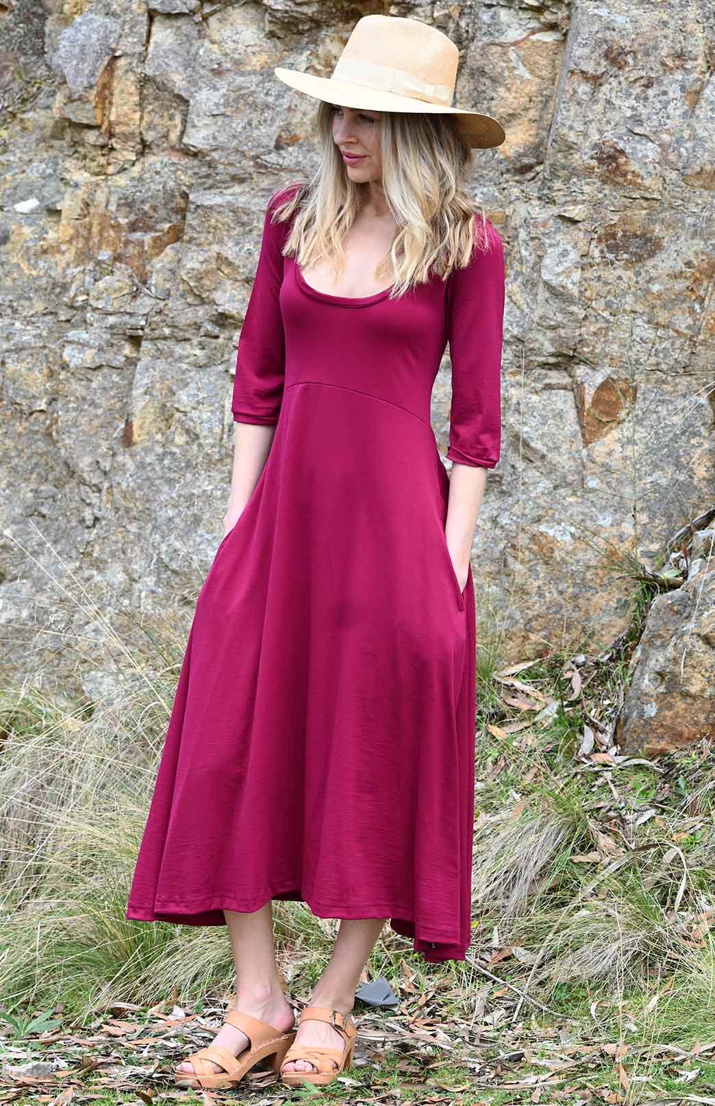 Magenta Women's Scoop Neck Empire Waist Merino Wool Midi Length Dress