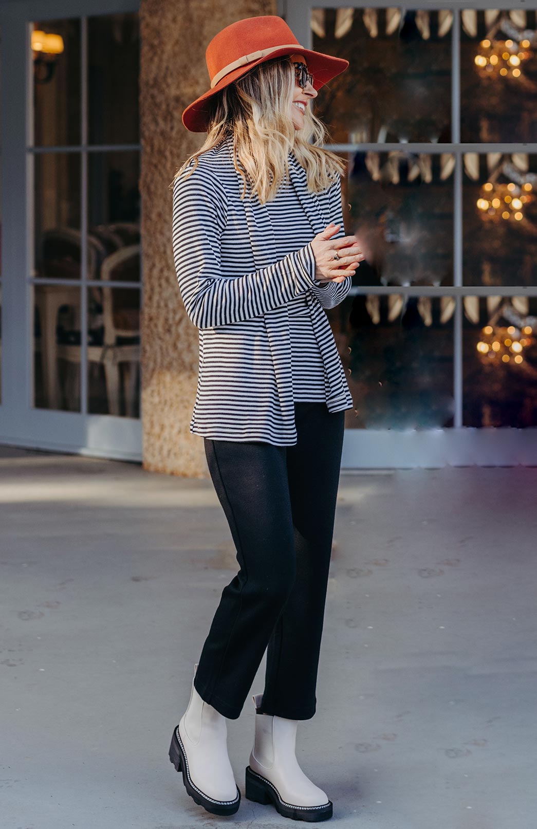 Ivory & Grey Marl Pinstripe Women&#39;s Merino Wool Mini Drape Cardigan
