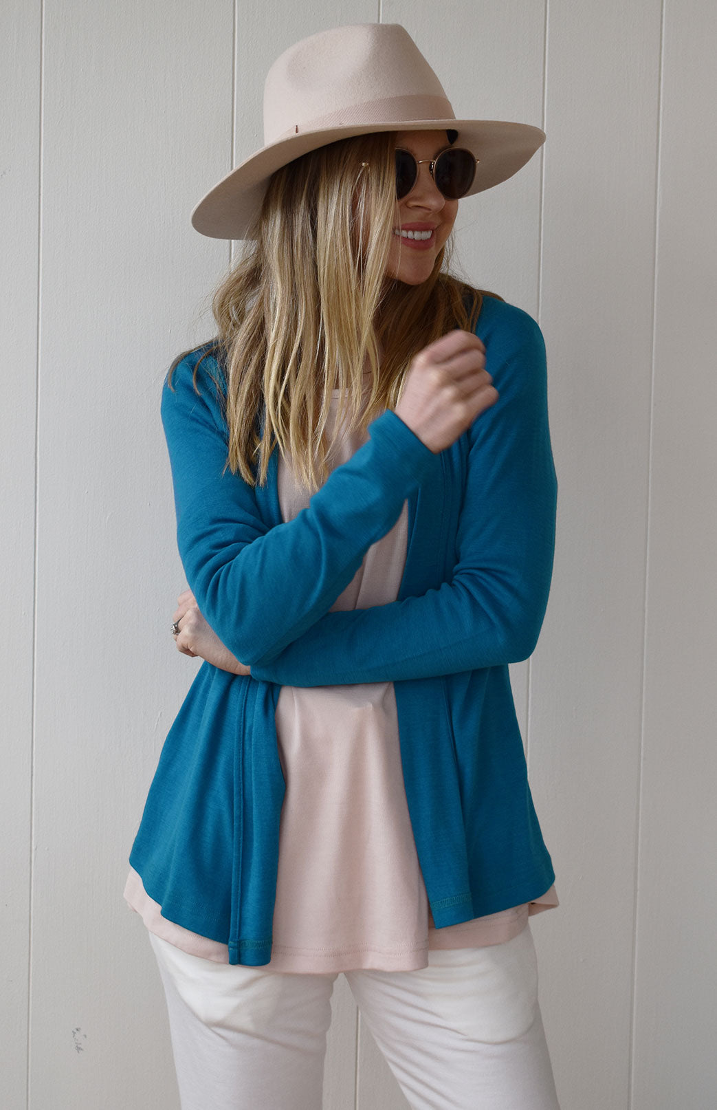 Dragonfly Teal Women's Merino Wool Mini Drape Cardigan
