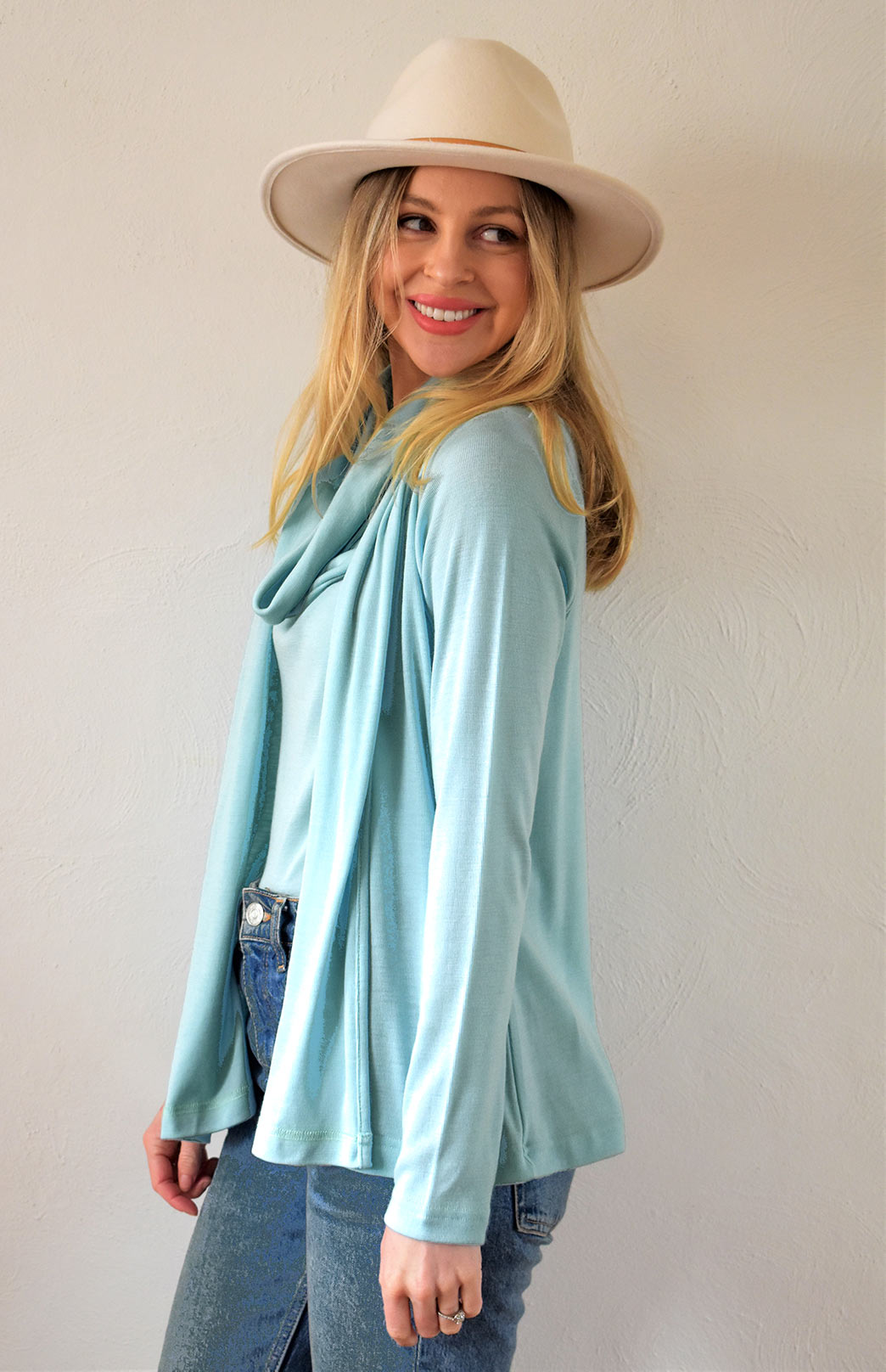 Sea Mist Women's Merino Wool Mini Drape Cardigan