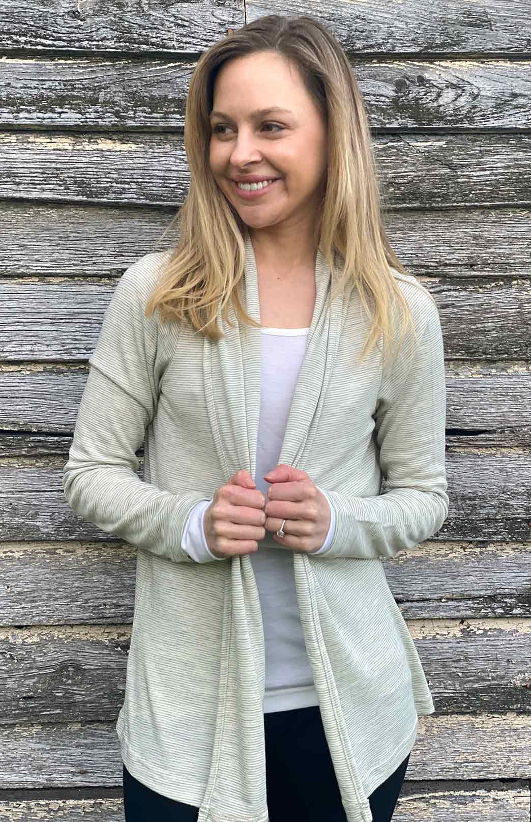 Vanilla & Grey Pinstripe Women's Merino Wool Mini Drape Cardigan