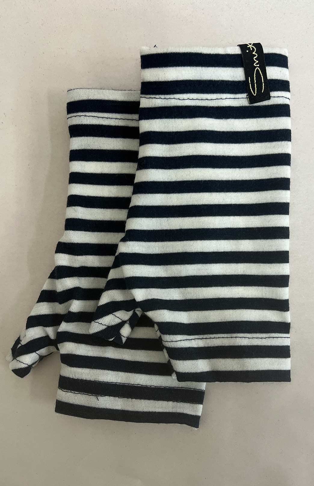 Navy Blue and Ivory Stripe Merino Wool Thermal Fingerless Mittens