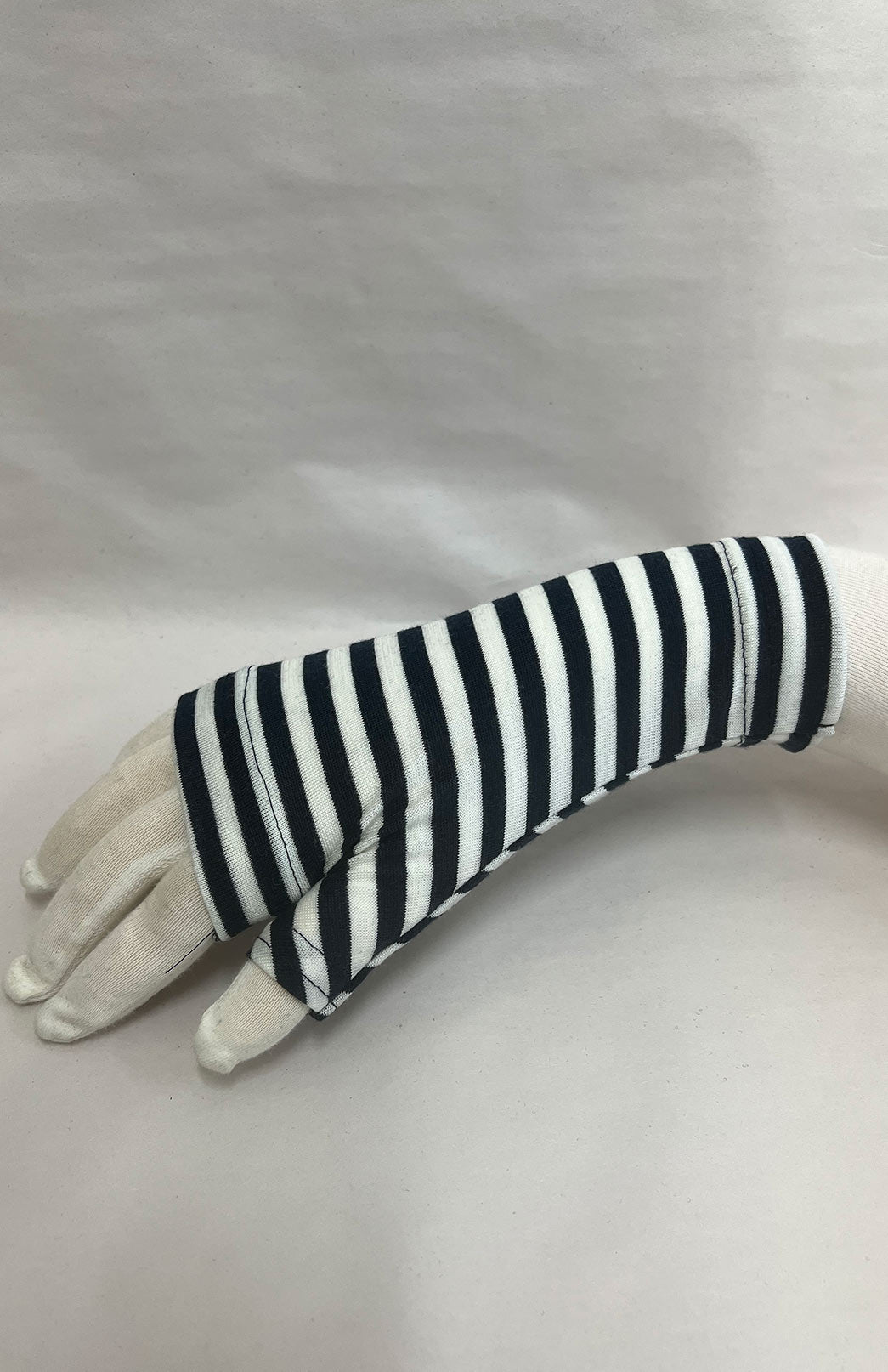 Navy Blue and Ivory Stripe Merino Wool Thermal Fingerless Mittens