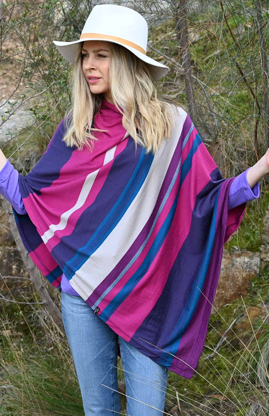 Grape Purple Multi Stripe Women's Merino Wool Poncho
