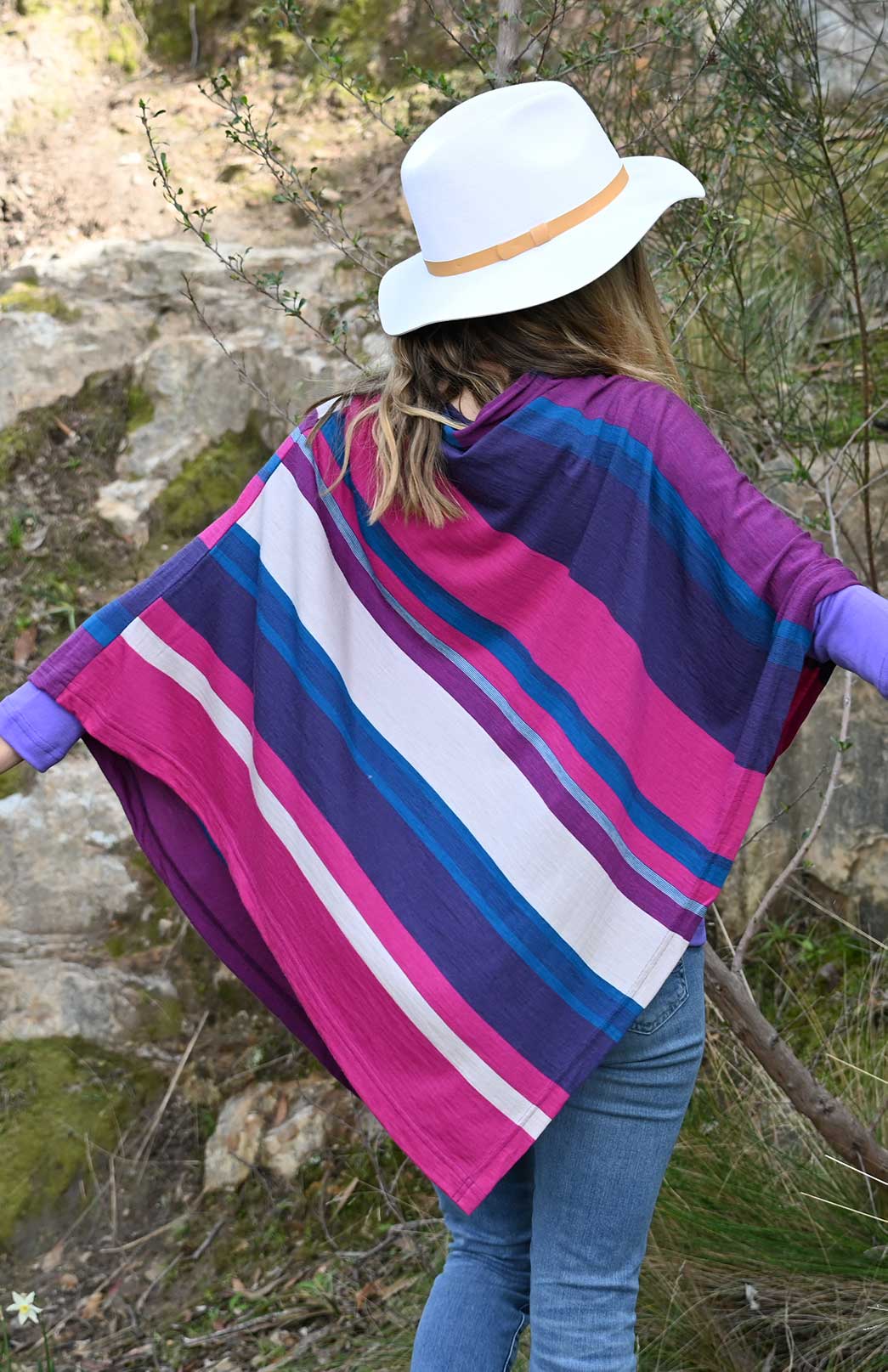 Grape Purple Multi Stripe Women's Merino Wool Poncho
