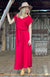 Scarlet Red Women&#39;s Merino Wool Short Sleeved V-Neck Maxi Dress with Belt and Side Pockets
