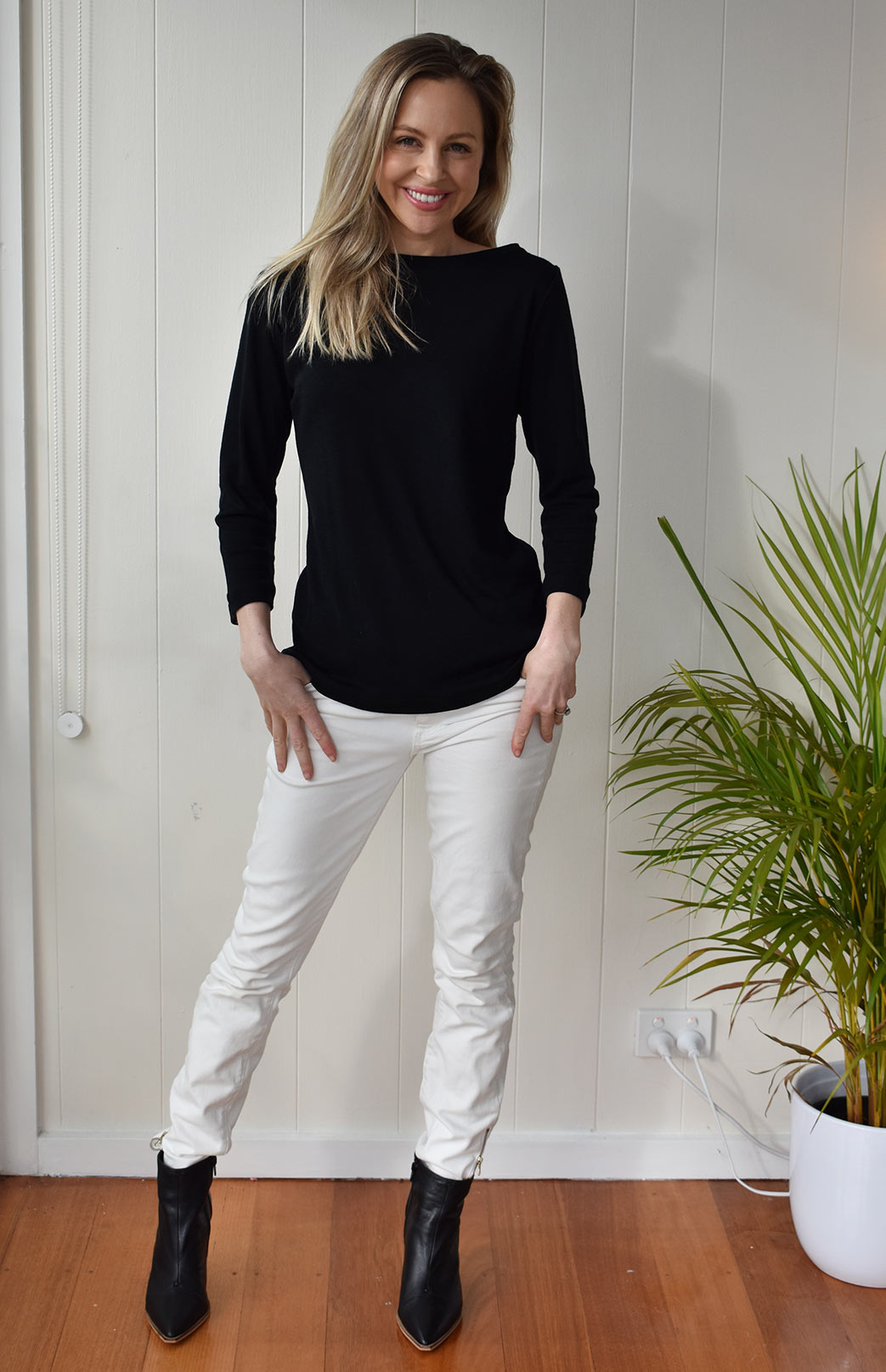 Black Women's Merino Wool Slit Neck Top with 7/8 Sleeves