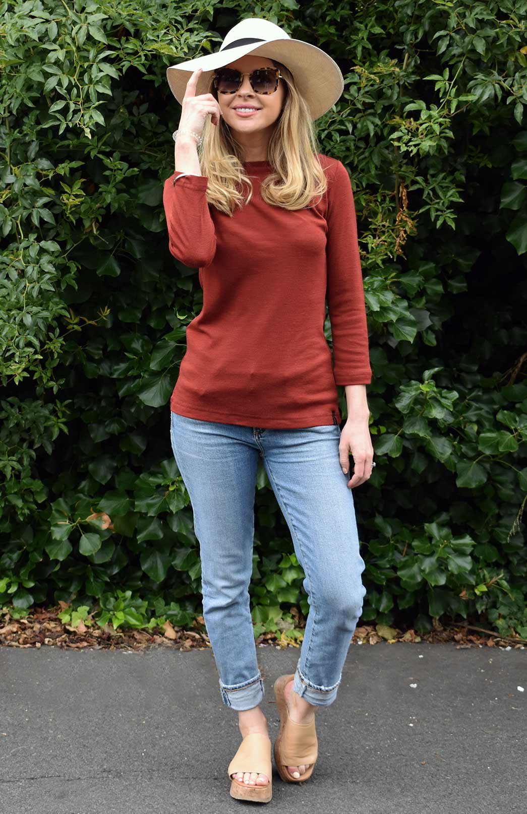 Shiraz Red Women&#39;s Merino Wool Slit Neck Top with 7/8 Sleeves
