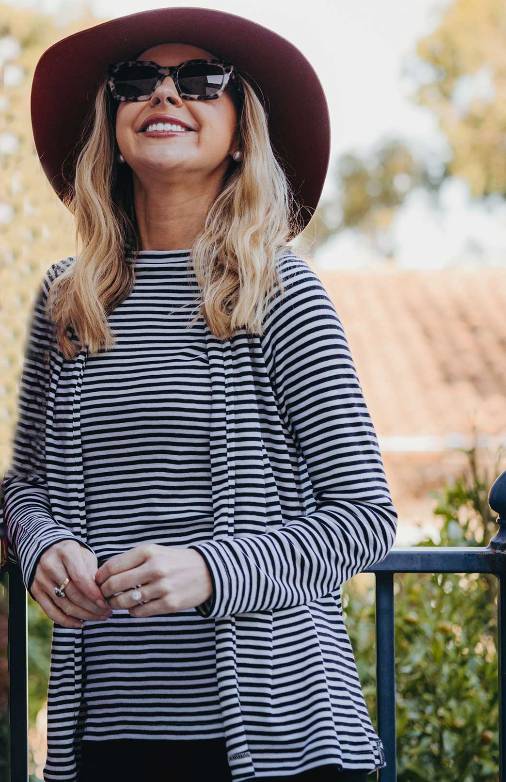 Black and White Stripe Women&#39;s Merino Wool Slit Neck Top with 7/8 Sleeves

