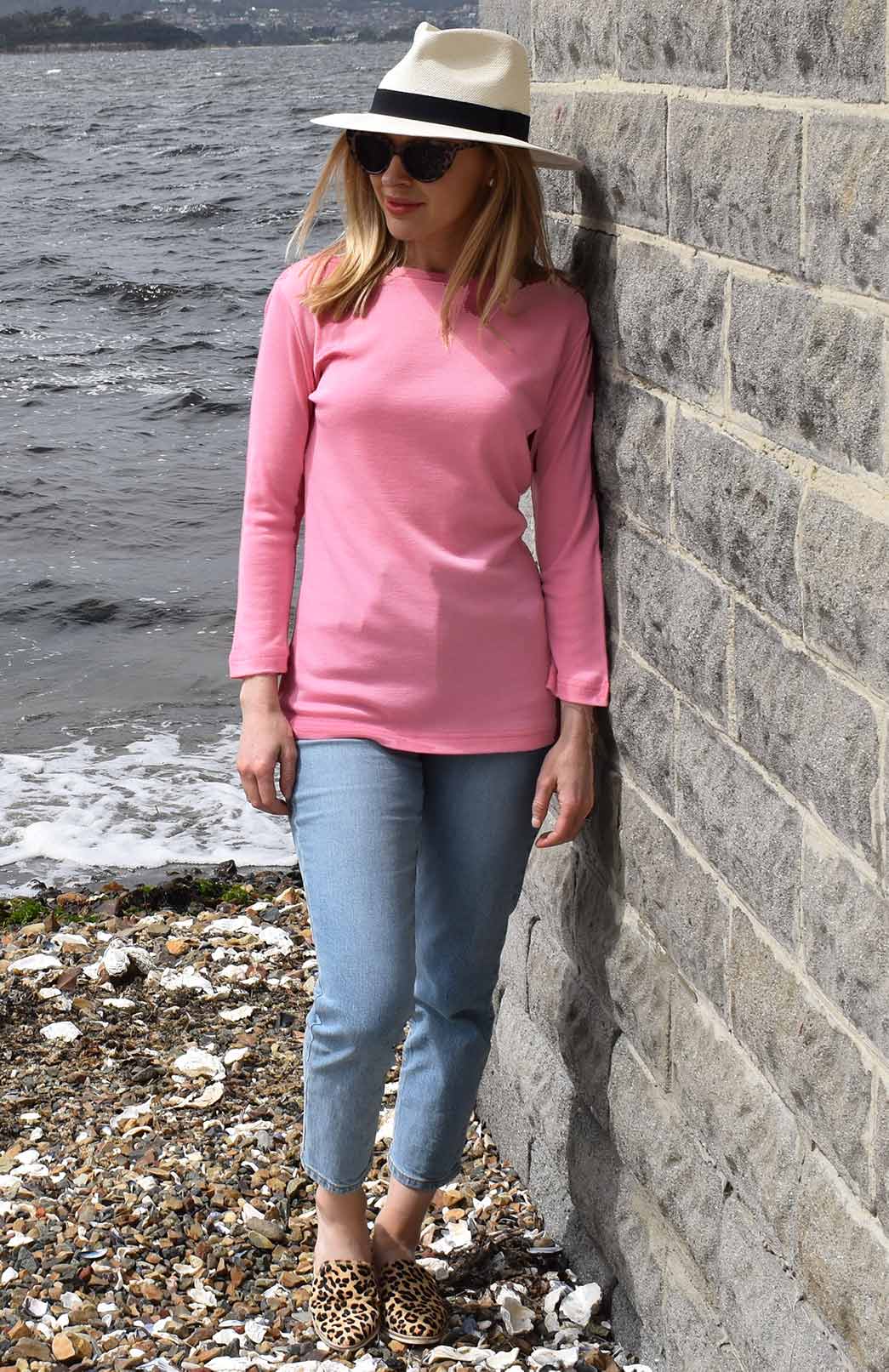 Carnation Pink Women's Merino Wool Slit Neck Top with 7/8 Sleeves