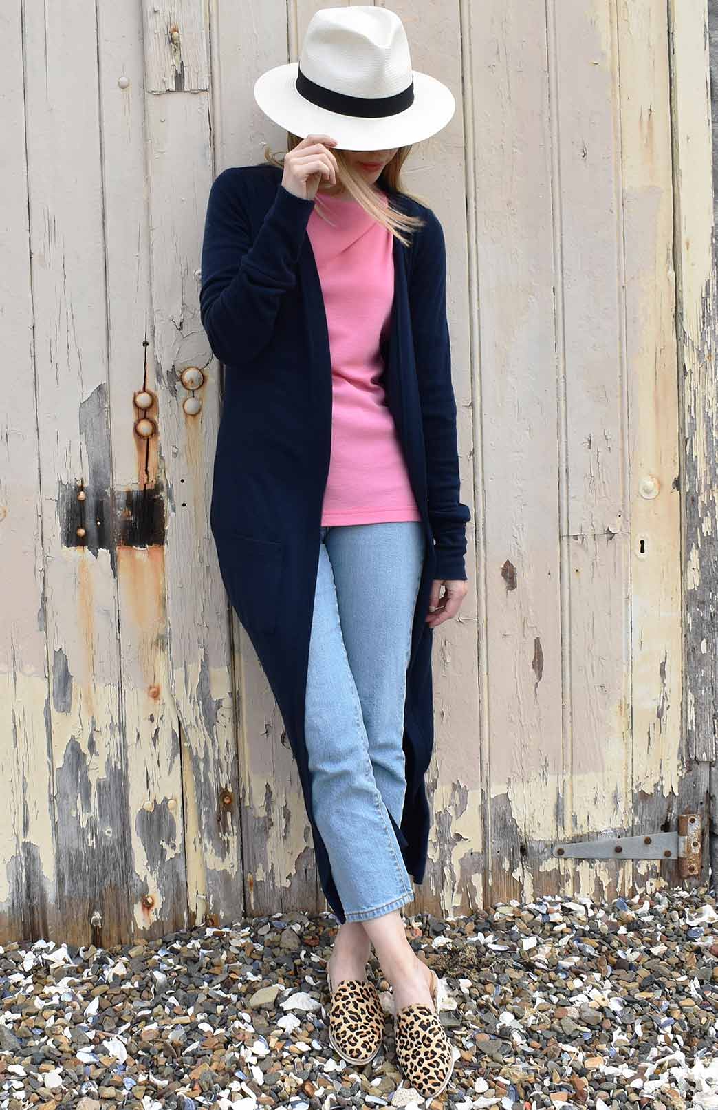 Carnation Pink Women's Merino Wool Slit Neck Top with 7/8 Sleeves