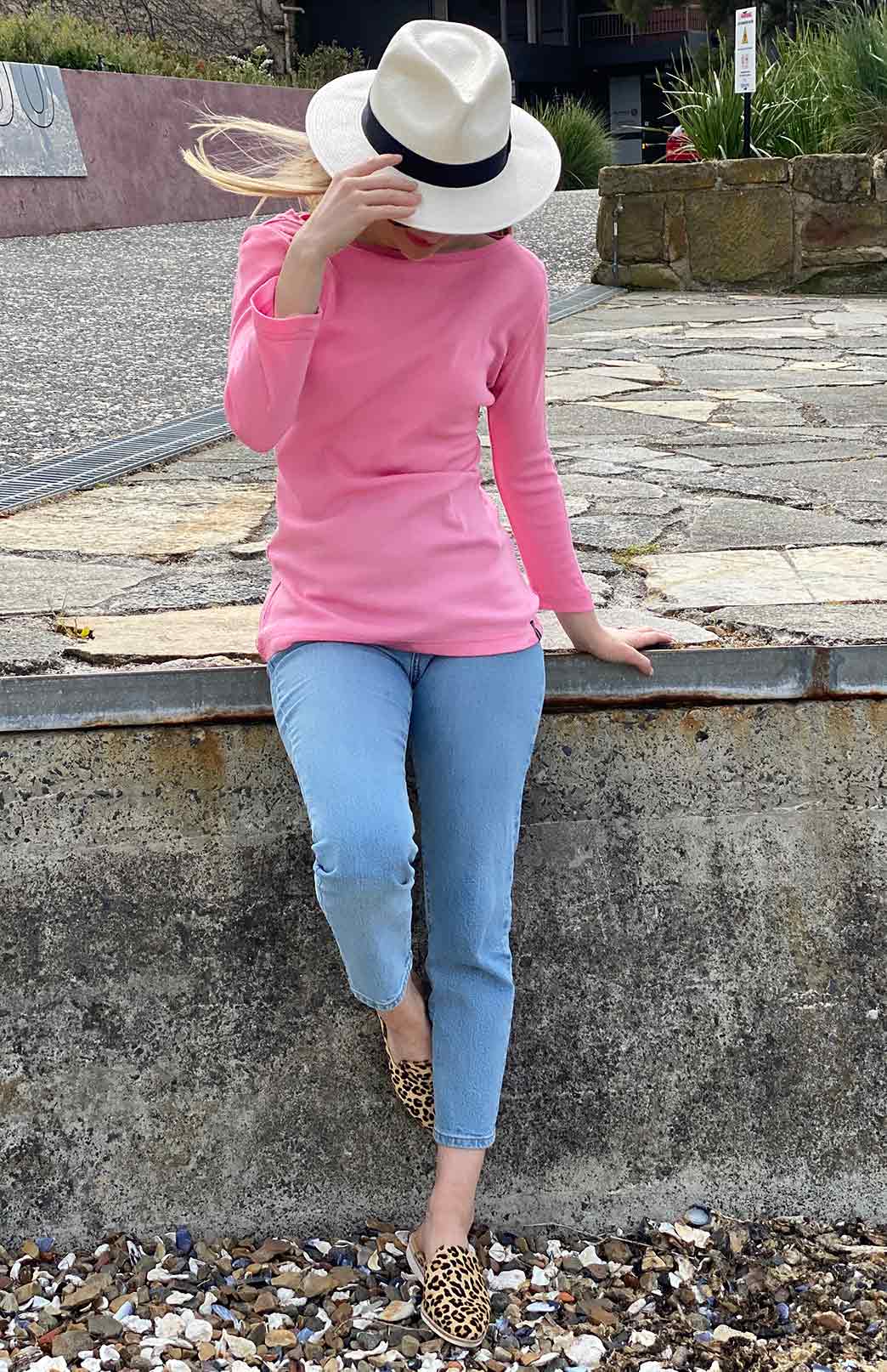 Carnation Pink Women's Merino Wool Slit Neck Top with 7/8 Sleeves