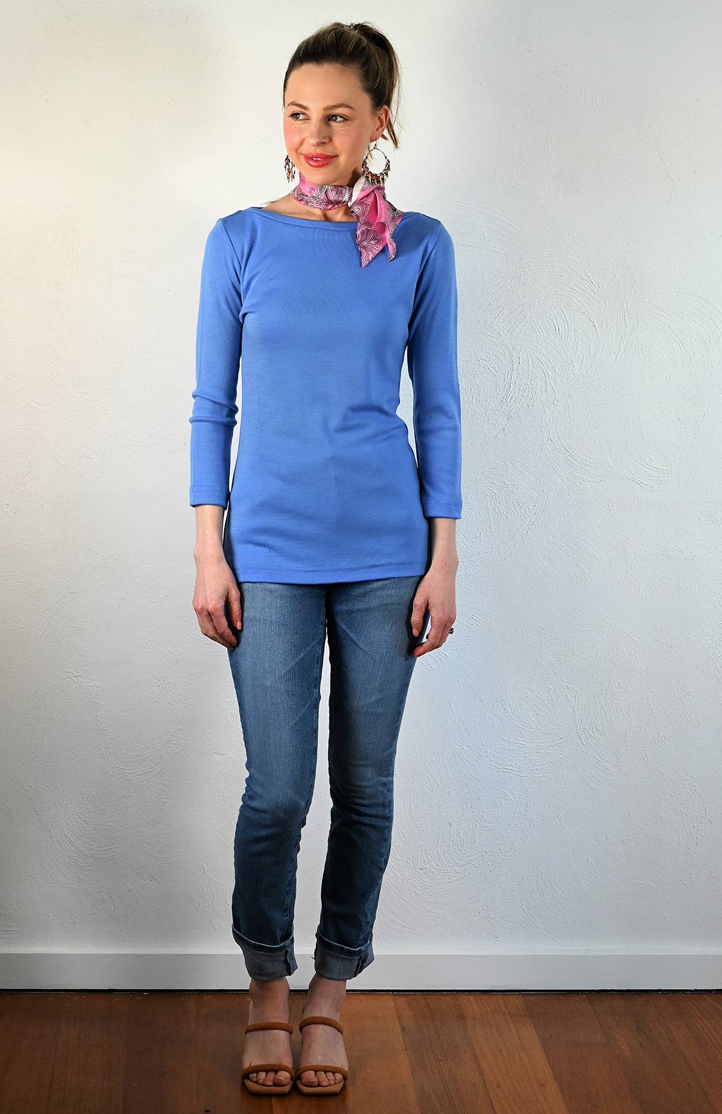 Cornflower Blue Women's Merino Wool Slit Neck Top with 7/8 Sleeves