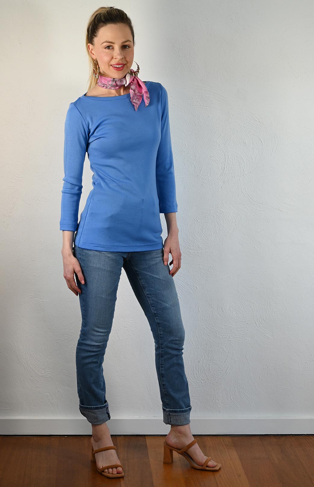 Cornflower Blue Women's Merino Wool Slit Neck Top with 7/8 Sleeves
