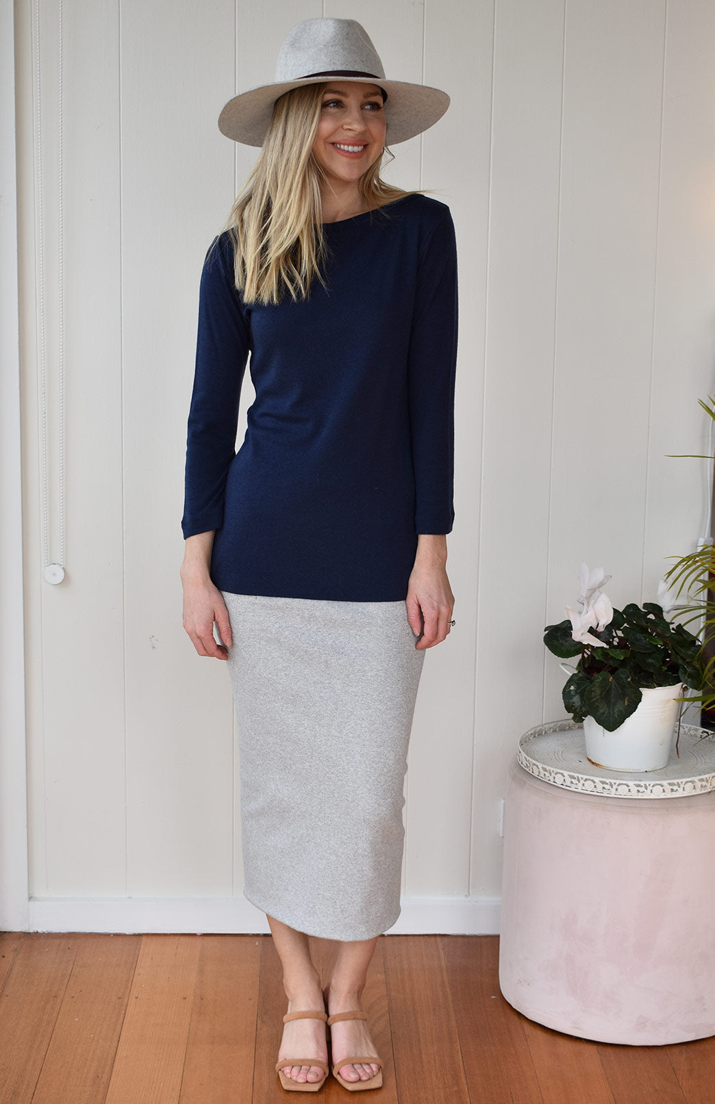 French Navy Blue Women's Merino Wool Slit Neck Top with 7/8 Sleeves